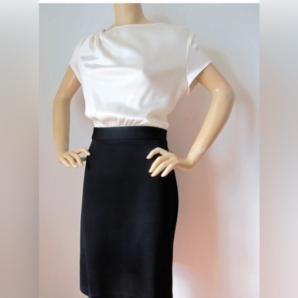 St John Knit Dress Black Caviar & White Cream Wool & Rayon Satin Top Size 6